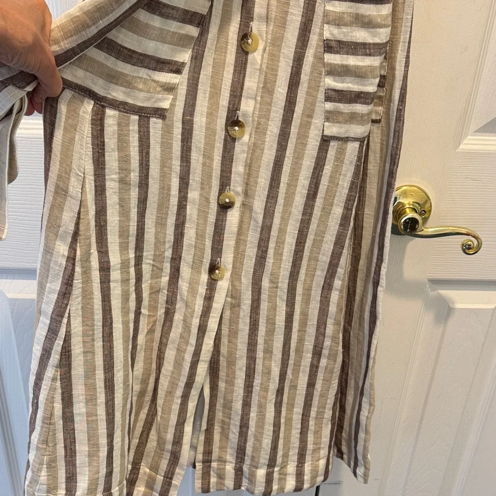 Free People Light Grey Striped Button-Front Midi Dress with Tie Waist – Size S‎